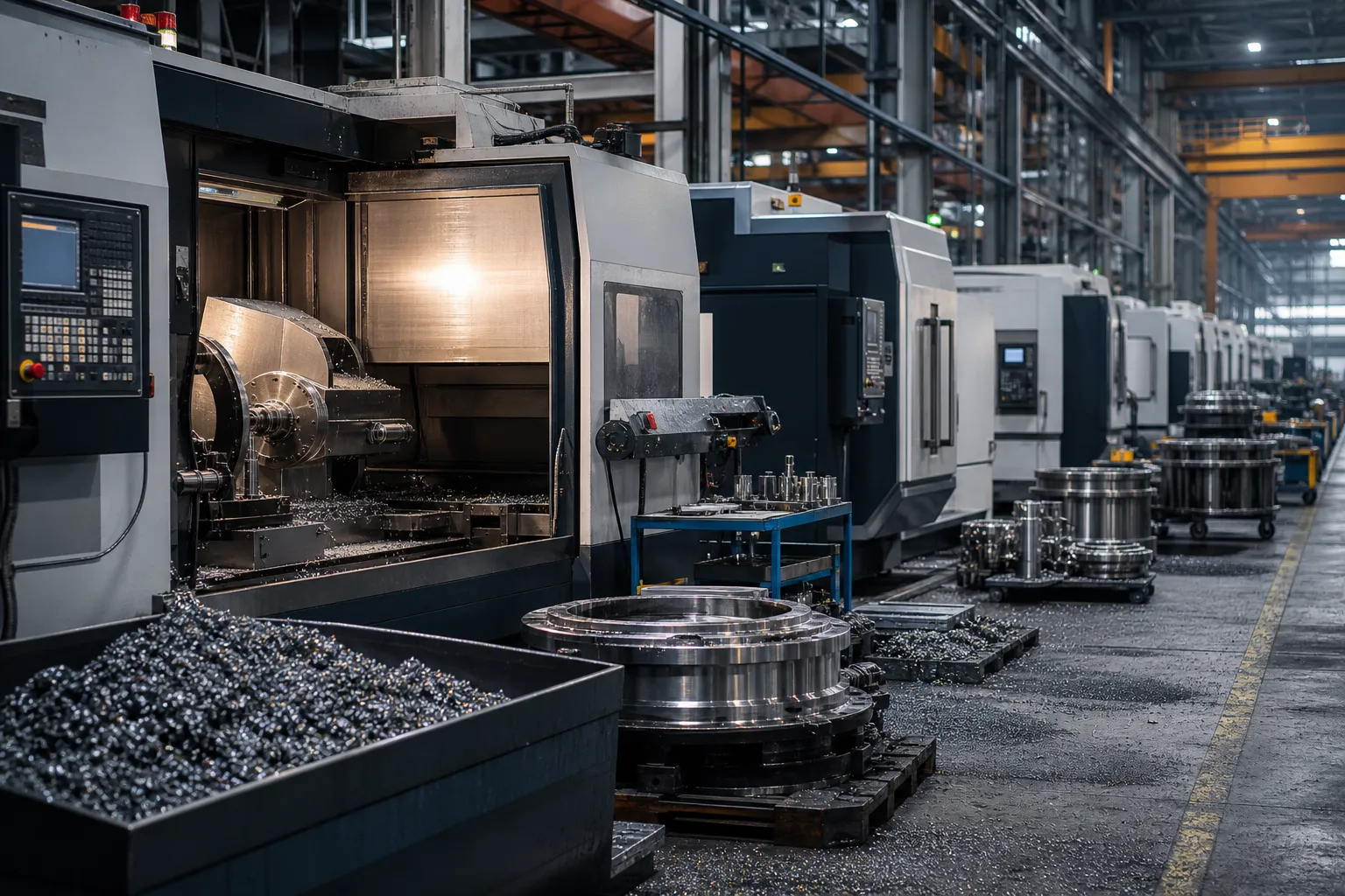 CNC machining production floor with multiple precision machines in operation MHIL