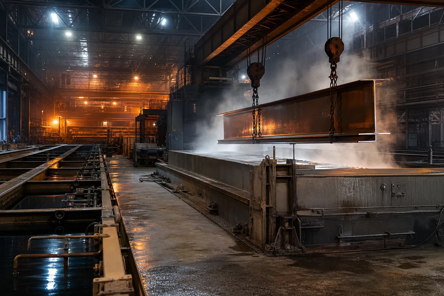 Hot-dip galvanizing plant interior with zinc kettle and overhead crane handling steel beams MHIL