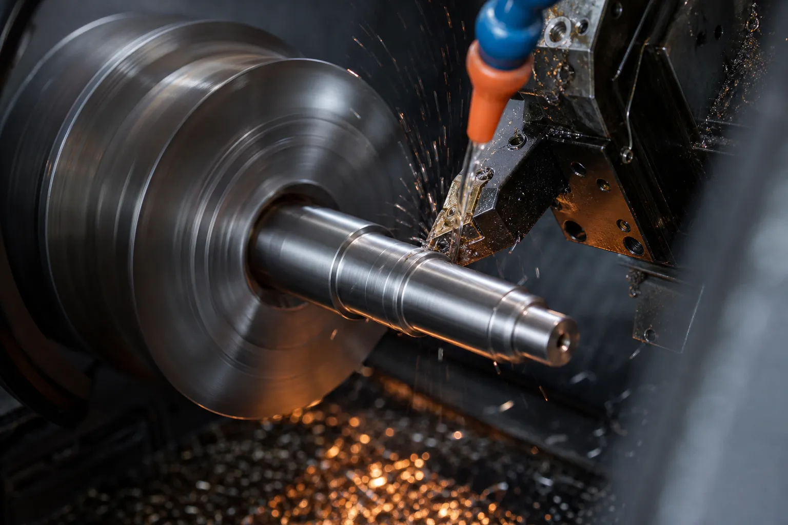 Precision CNC lathe turning a metal workpiece with coolant in a machining workshop MHIL